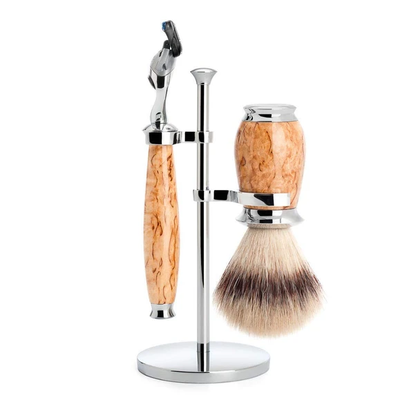 MÜHLE tıraş seti - Purist serisi - Silvertip Fiber - Gillette bıçaklarıyla uyumlu - Karelya kıvırcık huş ağacı ürün görseli 1