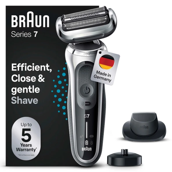 Braun Series 7 elektrikli tıraş makinesi 360° Flex, EasyClick hassas düzelticili, ataşmanlı erkek tıraş makinesi, ıslak ve kuru, Almanya'da üretilmiştir, 71-S4200cs, gümüş ürün görseli 1