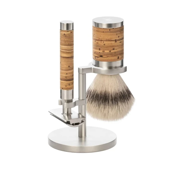 MÜHLE Rocca tıraş seti - Silvertip Fiber fırça, tıraş bıçağı, tutucu - paslanmaz çelik ve huş ağacı kabuğundan yapılmış saplar - vegan ürün görseli 1
