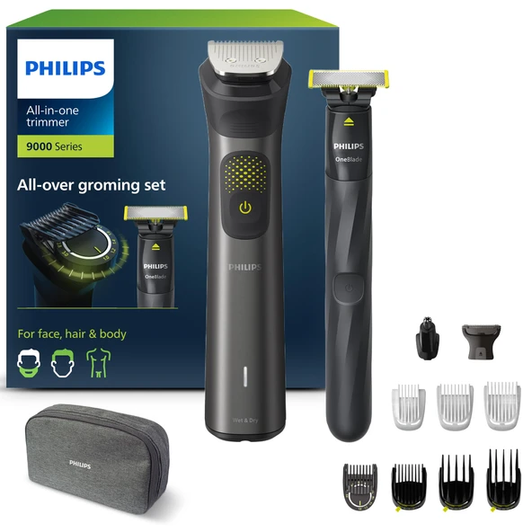 Philips Multigroom Series 9000, 13'ü bir arada sakal düzeltici ve saç düzeltici dahil. OneBlade, yüz, baş ve vücut için, 27 uzunluk ayarı (0,2-20 mm), siyah (model MG9530/15) ürün görseli 1
