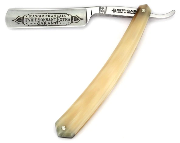 Thiers-Issard Sabatier tıraş makinesi Fransa - saplı hafif boynuz ucu - 5/8' C135 karbon çeliği - 'Evidé Sonnant' bıçak yazısı - 1/1 tam içi boş taşlama ürün görseli 1