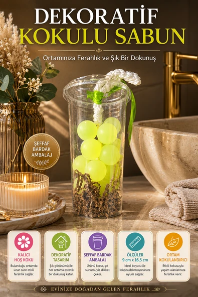 Yeşil Dekoratif Kokulu Sabun Bardak Aranjmanı Ortam Kokulandırıcı Şık Tasarım Banyo Ofis Salon Dekor ürün görseli 1