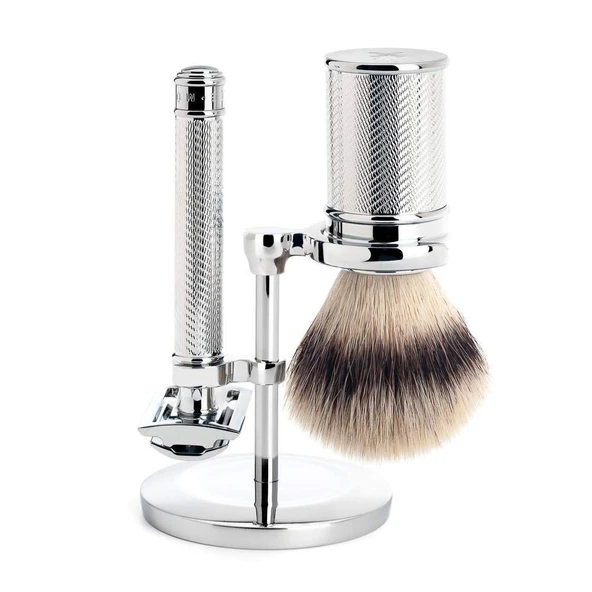 MÜHLE Geleneksel tıraş seti - Silvertip Fiberli el yapımı tıraş fırçası, kapalı taraklı tıraş makinesi, stand - vegan ürün görseli 1