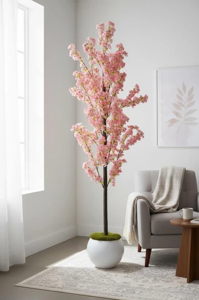 Yapay Ağaç Bahardalı Ağacı Beyaz Küre Saksıda Japon Kiraz Çiçeği Pembe Açık Renkli 170*60cm ürün görseli 1