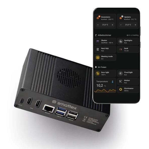 smattex Tak ve Çalıştır Seti Siyah, Raspberry Pi 5, önceden yüklenmiş Ev Asistanı, anten dahil (Thread Border Router), WiFi, Bluetooth, SSD, Matter, Zigbee isteğe bağlı, anında (4 GB RAM / 128 GB SSD) ürün görseli 1