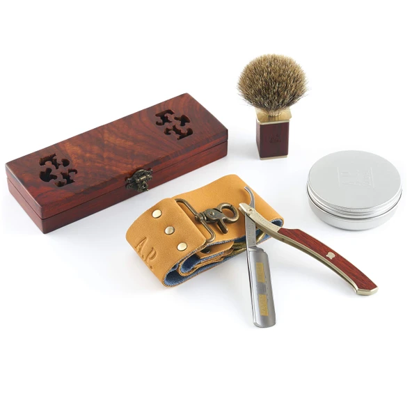 AP Donovan - Solingen'den 5/8" tıraş makinesi | altın işlemeli | Erkekler için sakal bakımı (jilet, bant, fırça + sabun) ürün görseli 1