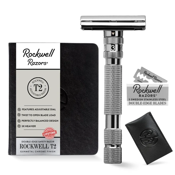 Rockwell T2 | Döndürülerek Açılabilen (TTO) Çift Kenarlı Tıraş Makinesi | Tam metal | 5 adet tamamen geri dönüştürülebilir paslanmaz çelik bıçak dahil (tunç krom) ürün görseli 1
