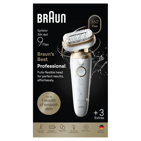 Kolay epilasyon için 360° esnek başlıklı Braun Silk·épil 9 Flex epilatör, ıslak ve kuru, yumuşak ve dayanıklı cilt, tıraş başlığı ve tarağıyla, 9-030 3D, altın ürün görseli 1