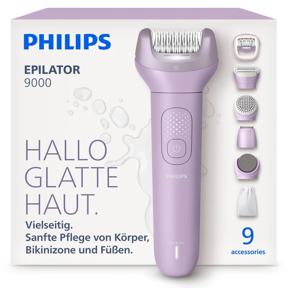 Philips Epilatör Serisi 9000 - Islak ve kuru kullanım, bacaklar, vücut ve bikini bölgesi için kablosuz epilatör, ProGuide ile, pedikür aparatı dahil 9 aksesuar, 60 dk. pil, model BRE728/00 ürün görseli 1
