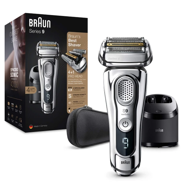 Braun Series 9 Premium erkek tıraş makinesi, 4+1 tıraş başlığı, hassaslık için elektrikli tıraş makinesi ve düzeltici, temizleme ve şarj istasyonu, Li-ion pil 60 dakika, ıslak ve kuru, 9375 cc, krom ürün görseli 1