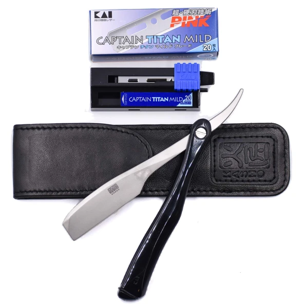 Kai Kasho Captain Profesyonel Düz Kenarlı Katlanır Tıraş Makinesi, Deri Kılıflı, Feather Artist Club ve Kai Captain Blades ile uyumlu, 20 Kai Captain Titan Blade içerir ürün görseli 1