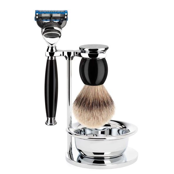 MÜHLE kaseli tıraş seti - Sophist serisi 4 parça - gümüş uçlu porsuk - Gillette bıçaklı - siyah değerli reçine ürün görseli 1