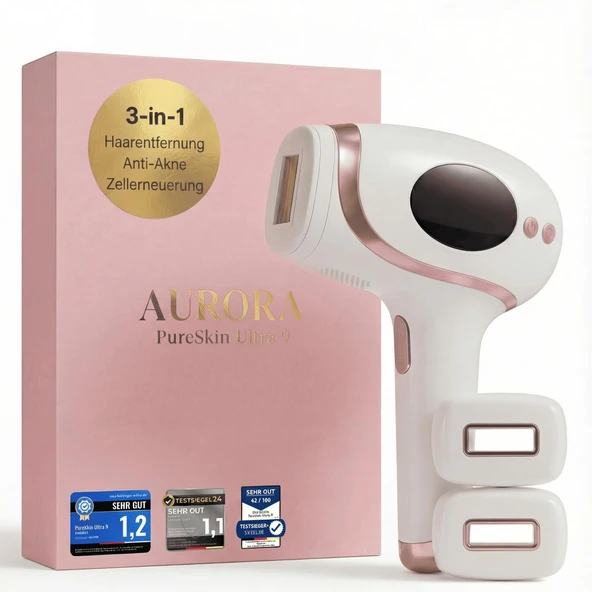 AURORA - PureSkin Ultra 9 - IPL epilasyon cihazı, evde kalıcı ve ağrısız epilasyon - ipek çanta, 2 aparat, tıraş makinesi, beyaz/pembe altın dahil ürün görseli 1