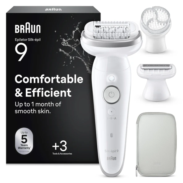 Braun Silk·épil 9 Kadınlar için Elektrikli Epilatör, Düzeltici Taraklı, Peeling Fırçası ve Kılıfıyla, Tüy Alma, Tıraş ve Düzeltme, Kuru ve Islak Kullanım, Yumuşak ve Uzun Süre Kalıcı Tüy Alma, 9 ürün görseli 1