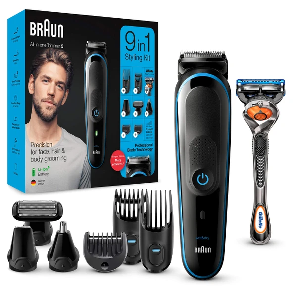 Braun sakal kesme makinesi/saç kesme makinesi erkek, kesme makinesi/saç kesme makinesi ve tıraş makinesi, sakal, yüz, kafa, vücut, kulaklar ve burun için 9'u 1 arada set, MGK5280, siyah/mavi ürün görseli 1