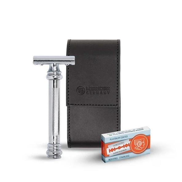 MERKUR Premium tıraş seti 5004 | MERKUR 38C tıraş makinesi, 10 adet çift bıçak ve siyah deri çantadan oluşan paket | Seyahat için ideal | İki parçalı düz kesim jilet | Parlak krom ürün görseli 1