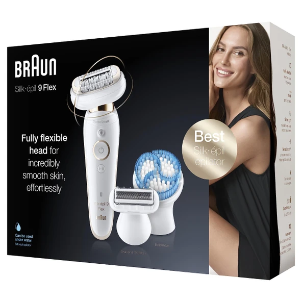 Braun Silk-épil 9 Flex kadın epilatörü / tüy çıkarıcı, tıraş aparatı ve derin soyma fırçası dahil, tüyleri daha kolay almak için esnek başlık, 9010, beyaz/altın ürün görseli 1