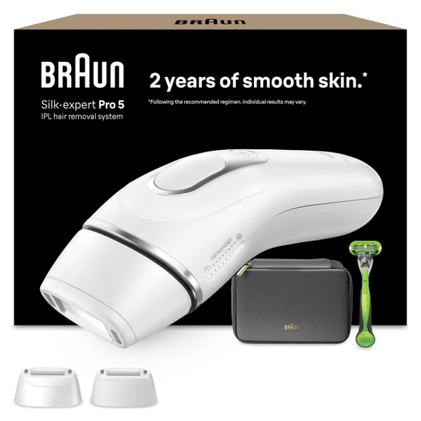 Braun IPL epilasyon cihazı Silk Expert Pro 5, PL5145, beyaz/gümüş - ev için alternatif lazer epilasyon, kalıcı epilasyon, kutu, Gillette tıraş makinesi ve 2 aparat dahil ürün görseli 1