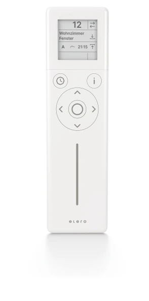 elero TempoSon-868 Slide - Panjurlar, tenteler ve panjurlar için çift yönlü 15 kanallı radyo el vericisi - LCD ekran, kaydırıcı ve NFC uygulama konfigürasyonu ile 868MHz uzaktan kumanda (beyaz) ürün görseli 1