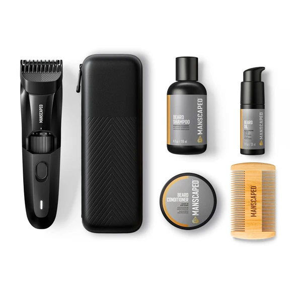 MANSCAPED® The Beard Hedger® Advanced Kit, hassas sakal ve bıyık düzelticimizi, nemlendirici şampuanımızı, yumuşatıcı saç kremimizi, yağımızı ve sakal tarağımızı içerir ürün görseli 1