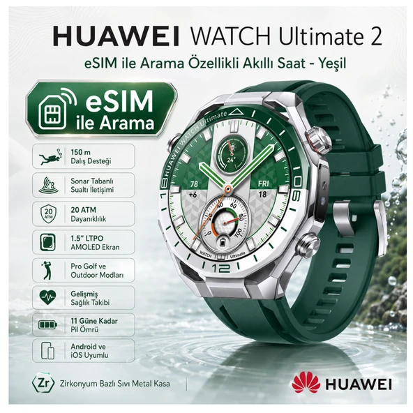 HUAWEI E-SİM Destekli WATCH Ultimate 2 Akıllı Saat, 150m Dalış Desteği, Sonar Tabanlı Sualtı İletişimi, Sağlık Takibi, eSIM ile Arama, 20 ATM Su Geçirmezlik, Spor İçin İdeal - Yeşil ürün görseli 1