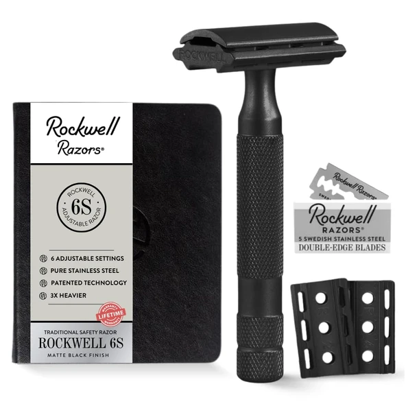 Rockwell Razors 6S Ayarlanabilir Paslanmaz Çelik Çift Kenarlı Jiletli Tıraş Makinesi + 5 İsveç Paslanmaz Çelik Tıraş Bıçağı (Siyah) ürün görseli 1