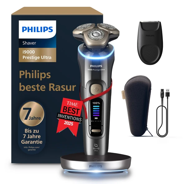 Philips Shaver i9000 Prestige Ultra, Erkekler için Elektrikli Islak ve Kuru Tıraş Makinesi, Koyu Gri, Basınç ve Hareket Sensörü, Düzeltme Aparatı, Şarj İstasyonu ve Seyahat Çantası (Model XP9402/11) ürün görseli 1