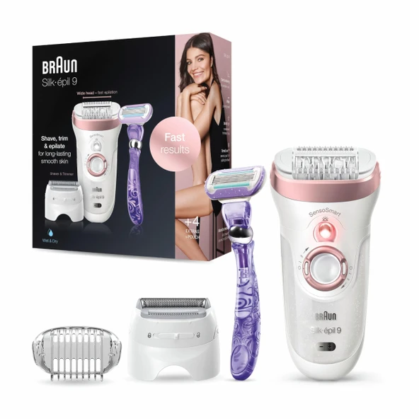 Uzun süreli epilasyon için Braun Silk-épil 9 kadın epilatörü / tüy dökücü, Venus Swirl tıraş makinesi dahil, yüksek frekanslı masaj aparatı, 9-870, beyaz/pembe altın ürün görseli 1
