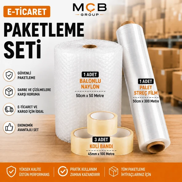 E-Ticaret Paketleme Seti 1 Adet 50cmx50m Balonlu Naylon + 1 Adet 50cmx300m Palet Streç Film + 3 Adet Koli Bandı ürün görseli 1