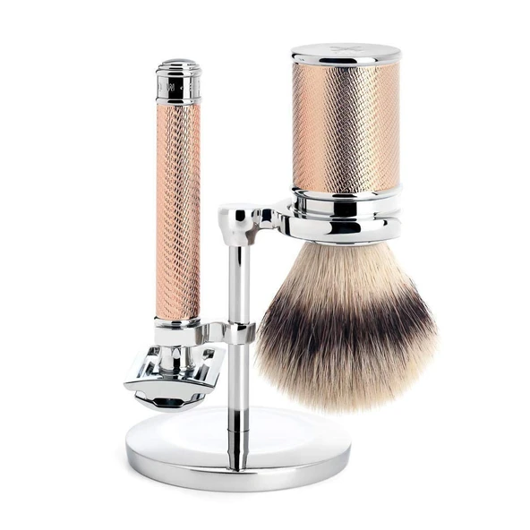 MÜHLE Geleneksel tıraş seti - krom kaplama metal kırmızı altın kaplama - tıraş makinesi kapalı tarak - tıraş fırçası Silvertip Fiber ürün görseli 1