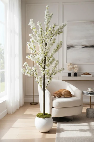 Yapay Ağaç Bahardalı Ağacı Beyaz Küre Saksıda Japon Kiraz Çiçeği Beyaz Renkli 170*60cm ürün görseli 1