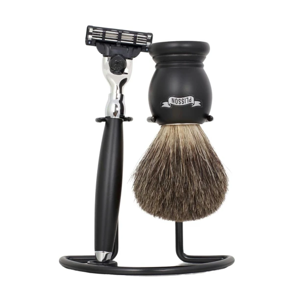 Plisson - Essentiel Tıraş Seti - Erkekler için 3 Parça Hediye Seti - Tıraş Fırçası Rusya'dan Gri Tıraş Fırçası, 12 Beden Standart + Mach3 Tıraş Makinesi + Krom Kaplama Pirinç Servis Seti - Made ürün görseli 1