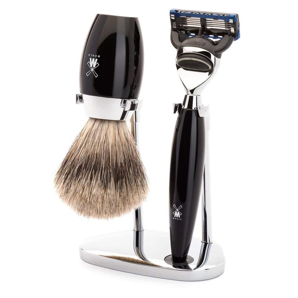 MÜHLE Kosmo tıraş seti - porsuk kılı tıraş fırçası, Gillette bıçaklarla uyumlu tıraş makinesi, tutucu, siyah değerli reçine saplar ürün görseli 1