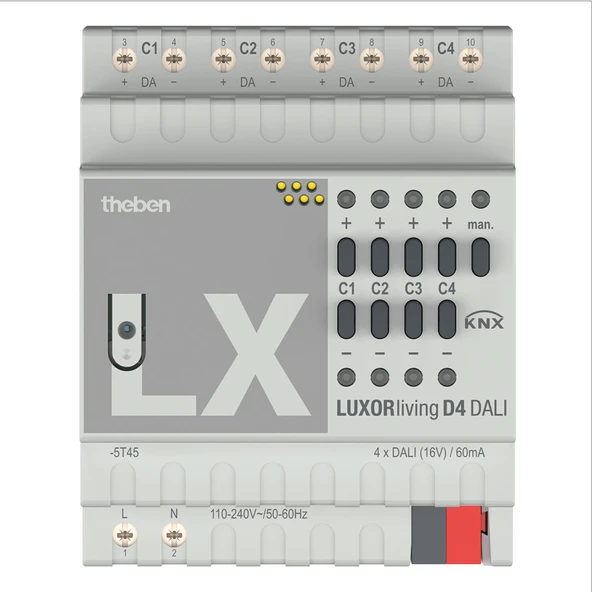 Theben 4800300 I LUXORliving D4 DALI I 4 yollu DALI aktüatör I Kanal başına 30'a kadar DALI işletim cihazı I DALI-2 I KNX akıllı ev sistemi için LUXORliving ürün görseli 1