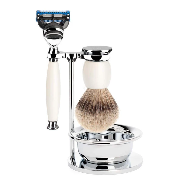 MÜHLE kaseli tıraş seti - Sophist serisi - gümüş uçlu porsuk - Gillette bıçaklarıyla uyumlu - porselen beyazı ürün görseli 1