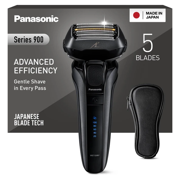 Erkekler için Panasonic Series 900 Premium ıslak ve kuru tıraş makinesi ES-LV6U, doğrusal motorlu ve sakal yoğunluk sensörü teknolojisine sahip 5 katlı tıraş başlığı, açılır düzeltici, mat siyah ürün görseli 1