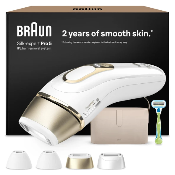 Braun IPL epilasyon cihazı Silk Expert Pro 5, PL5342, beyaz/altın - ev için alternatif lazer epilasyon, kalıcı epilasyon, kutu, Venus tıraş makinesi ve 4 aparat dahil ürün görseli 1
