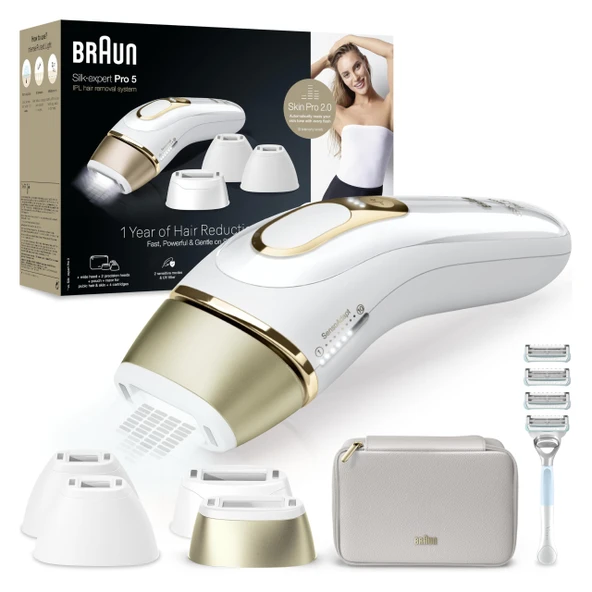 Braun IPL epilasyon cihazı Silk Expert Pro 5, PL5358, beyaz/altın - ev için alternatif lazer epilasyon, kalıcı epilasyon, kutu, Venus tıraş makinesi ve 4 aparat dahil ürün görseli 1