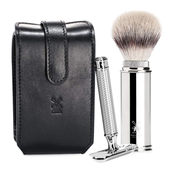 MÜHLE Travel seyahat tıraş seti - Silvertip Fiberli tıraş fırçası, tıraş makinesi, siyah deri çanta - metal saplar ürün görseli 1