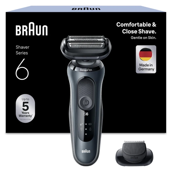 EasyClick aparatlı Braun Series 6 elektrikli tıraş makinesi, SensoFlex erkek elektrikli tıraş makinesi, hassas düzeltici, ıslak ve kuru, erkekler için hediye, Almanya'da üretilmiştir, 61-N1200s, gri ürün görseli 1