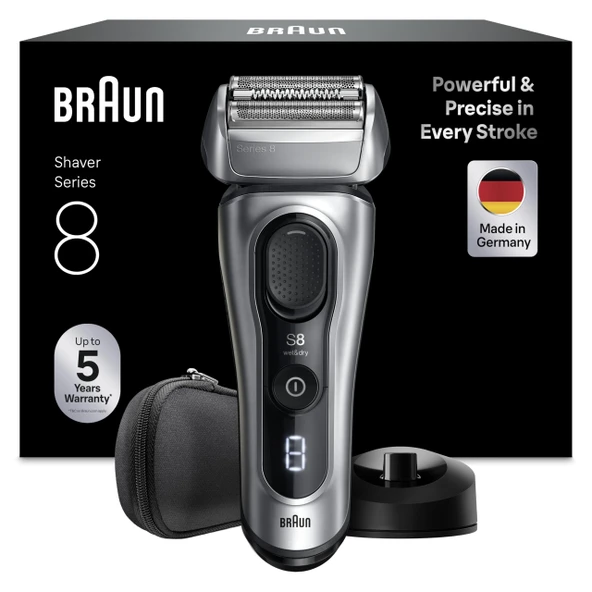 Braun Series 8 erkek elektrikli tıraş makinesi, 4+1 hassas başlık ve düzeltici, her türlü sakal yoğunluğuna uygun SensoAdapt, 60 dk. pil, şarj standı, ıslak ve kuru tıraş makinesi - 8617s, gümüş ürün görseli 1