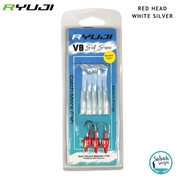 Ryuji V8 8cm 5.5gr Silikon Yem Set (3+5) Red Head White Silver ürün görseli 1