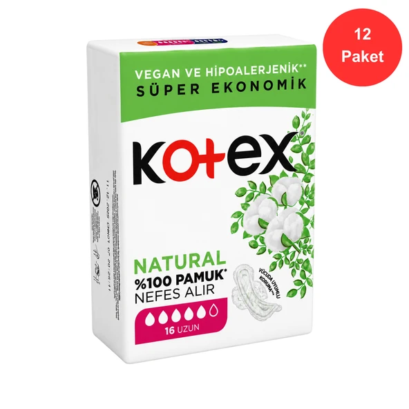 Kotex Ultra Natural Uzun Ped 16'lı x 12 Paket (Toplam 192 Ped) %100 Pamuk, Vegan ve Hipoalerjenik ürün görseli 1