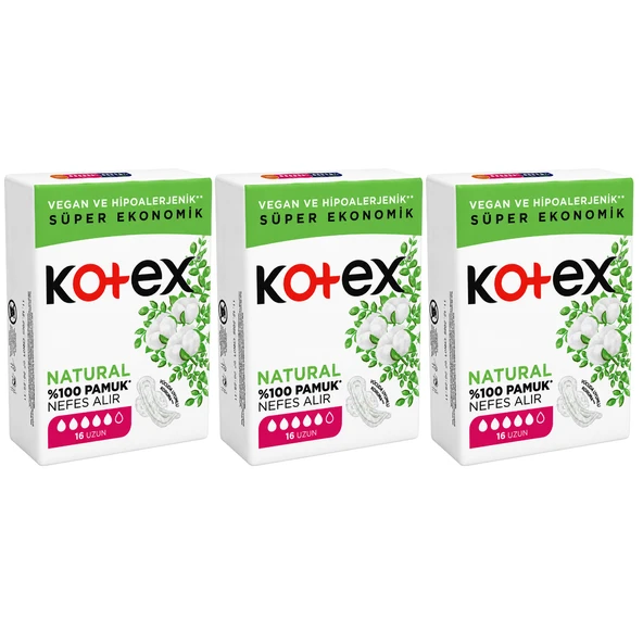 Kotex Ultra Natural Uzun Ped 16'lı x 3 Paket (Toplam 48 Ped) %100 Pamuk, Vegan ve Hipoalerjenik ürün görseli 1