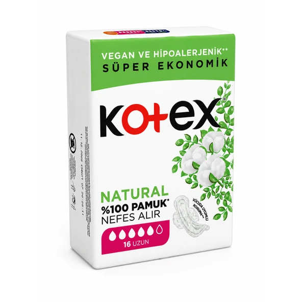 Kotex Ultra Natural Uzun Ped 16'lı – %100 Pamuk Üst Yüzey, Vegan ve Hipoalerjenik Hijyenik Ped ürün görseli 1
