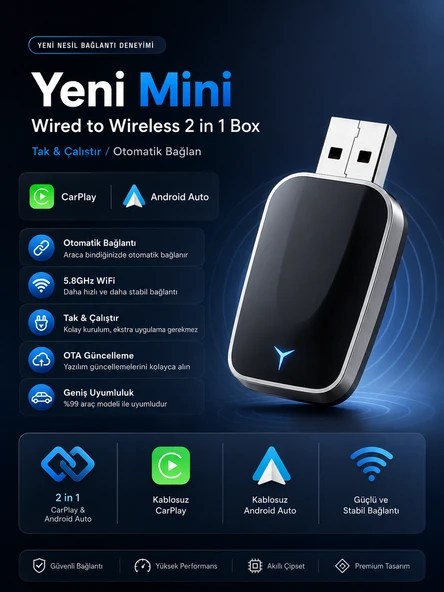 Kenly Kablosuz CarPlay Android Auto Dönüştürücü Mini 2'si 1 Arada USB Type-C OTG Destekli Wireless Adaptör ürün görseli 1