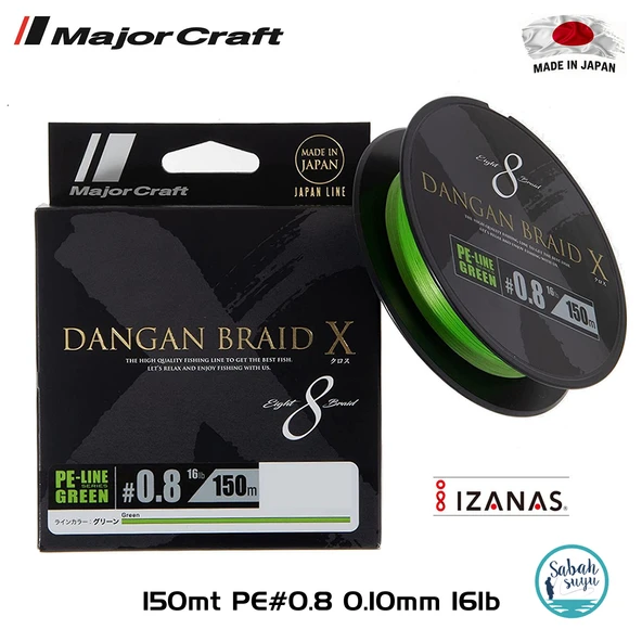 Major Craft Dangan Braid X 8X İp Misina PE 0.8 0.10mm 16lb/7.26kg 150mt Yeşil ürün görseli 1