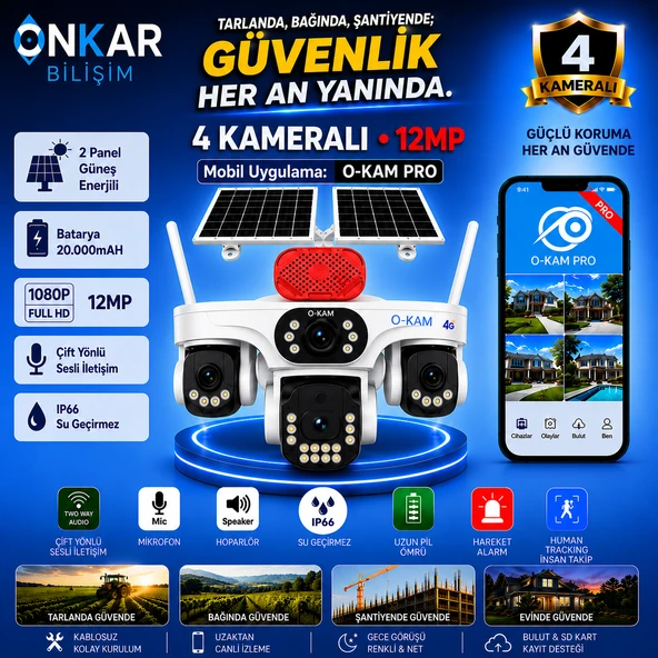 OKAM PRO PREMİUM 337S 4 KAMERALI 7/24 KAYIT SİM KARTLI GÜNEŞ ENERJİLİ GÜVENLİK KAMERASI ürün görseli 1