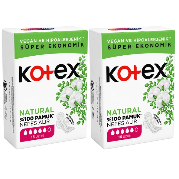 Kotex Ultra Natural Uzun Ped 16'lı x 2 Paket (Toplam 32 Ped) %100 Pamuk, Vegan ve Hipoalerjenik ürün görseli 1