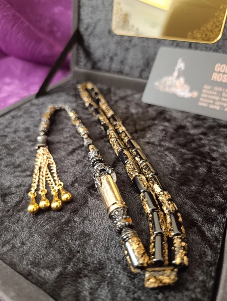 Siyah Altın Parçacıklı Kesme Model Tesbih Golden Rosary Sertifikalı Hediye Kutulu ürün görseli 1
